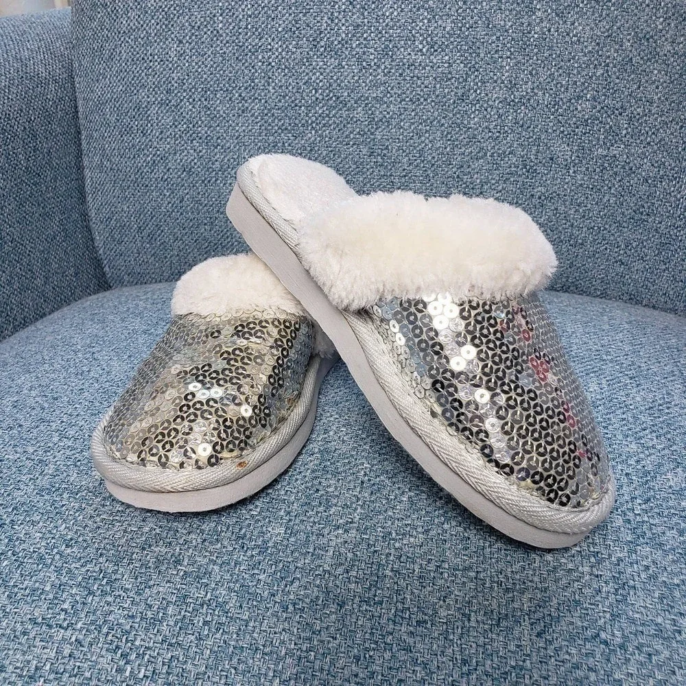 Kids Silver Sequin‎ Slippers Fuzzy Cozy House Shoes Sparkly Girls
